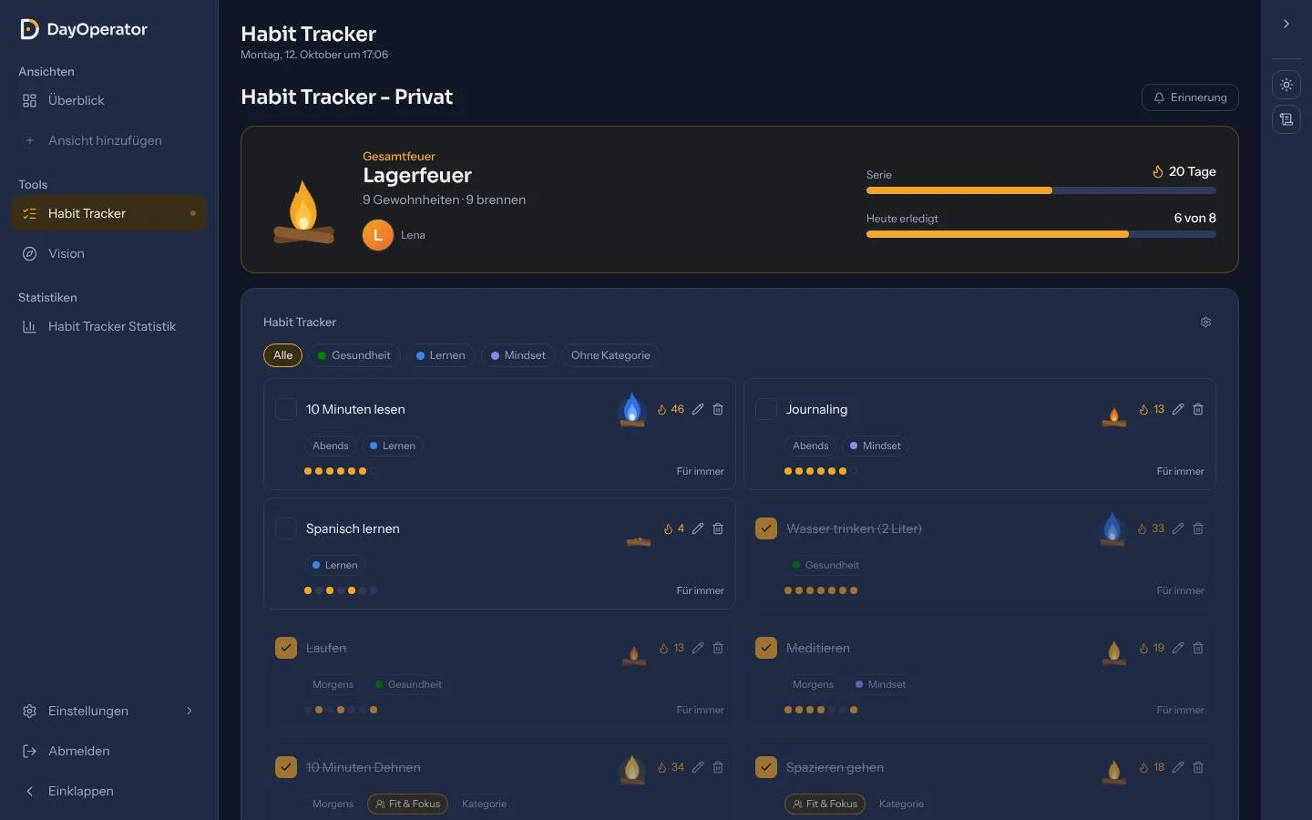 The DayOperator habit tracker with campfires