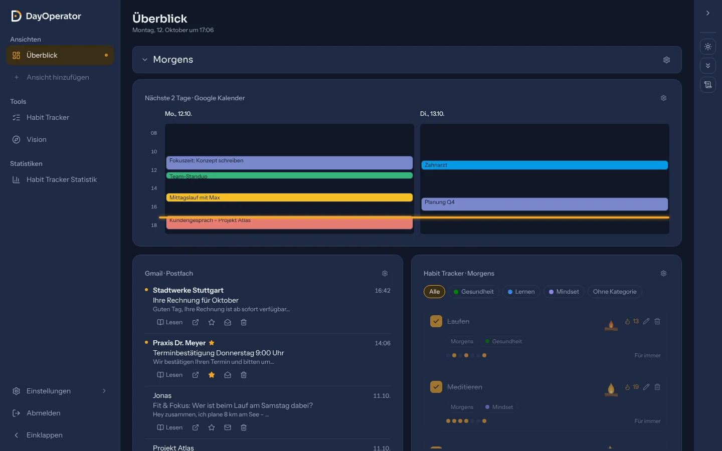 The DayOperator dashboard with calendar, e-mails and habits